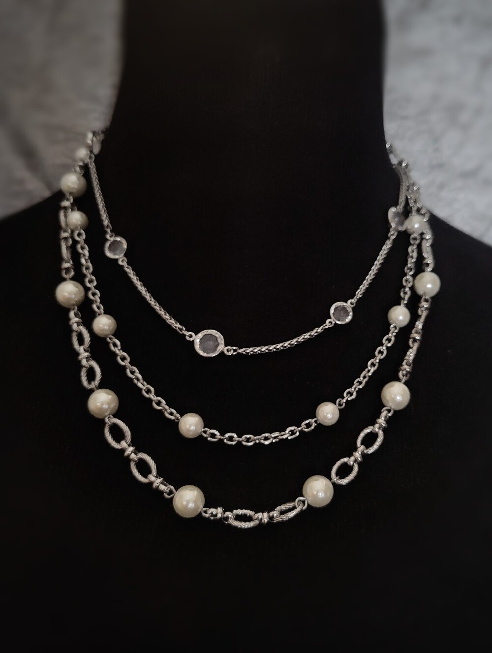 WHBM White House Black Market Layered Necklace Silver Tone Faux Pearls